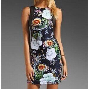 Clover Canyon Sequin Dress XS Black Metallic Floral Fitted Sheath Extra Small